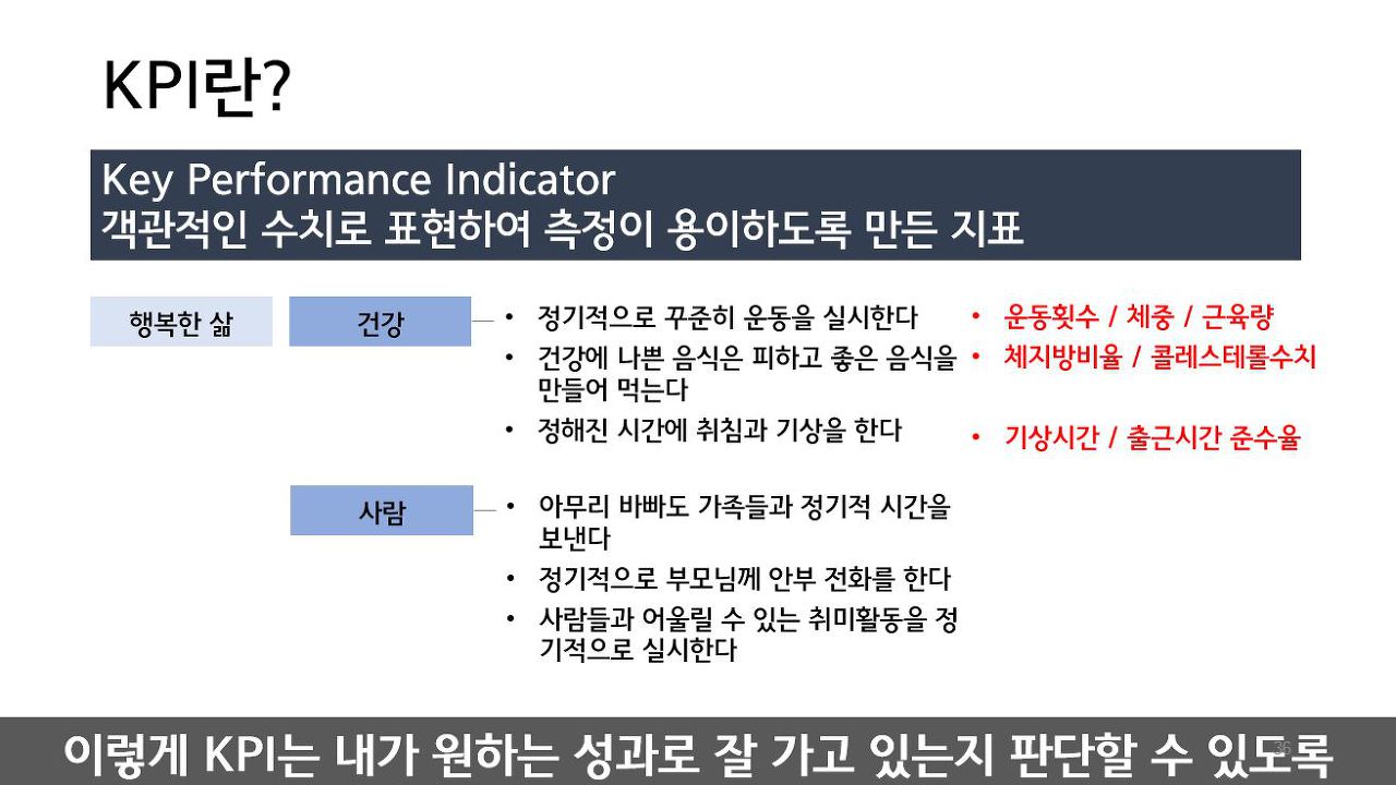 행복한 삶이라는 성과목표에서 건강이라는 핵심성공요인, 세 가지 성과행동, 그리고 각 성과행동에서 나오는 성과지표로 이어지는 KPI의 개념도