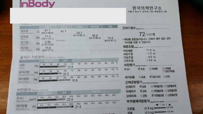 2018년 건강검진 인바디 측정 결과의 골격근·지방분석. 체중 72.5kg, 골격근량 32.3kg, 체지방률 21.5%
